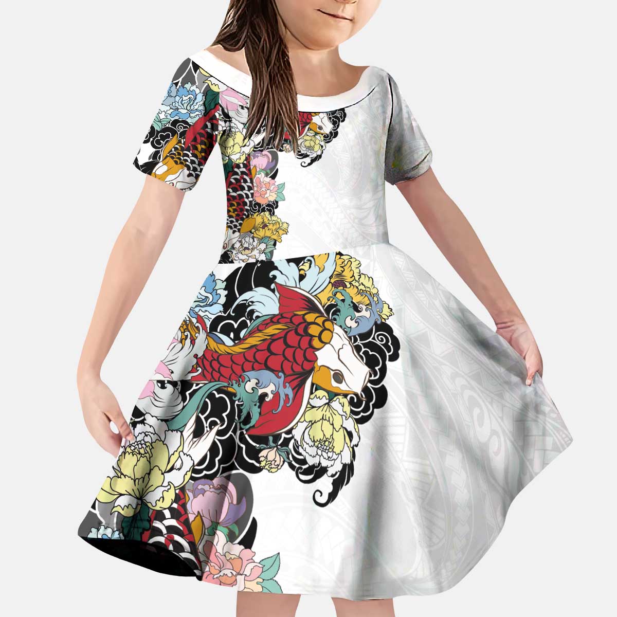 Hawaiian and Japanese Together Kid Short Sleeve Dress Colorful Traditional Japanese Tattoo and Kakau Pattern White Color