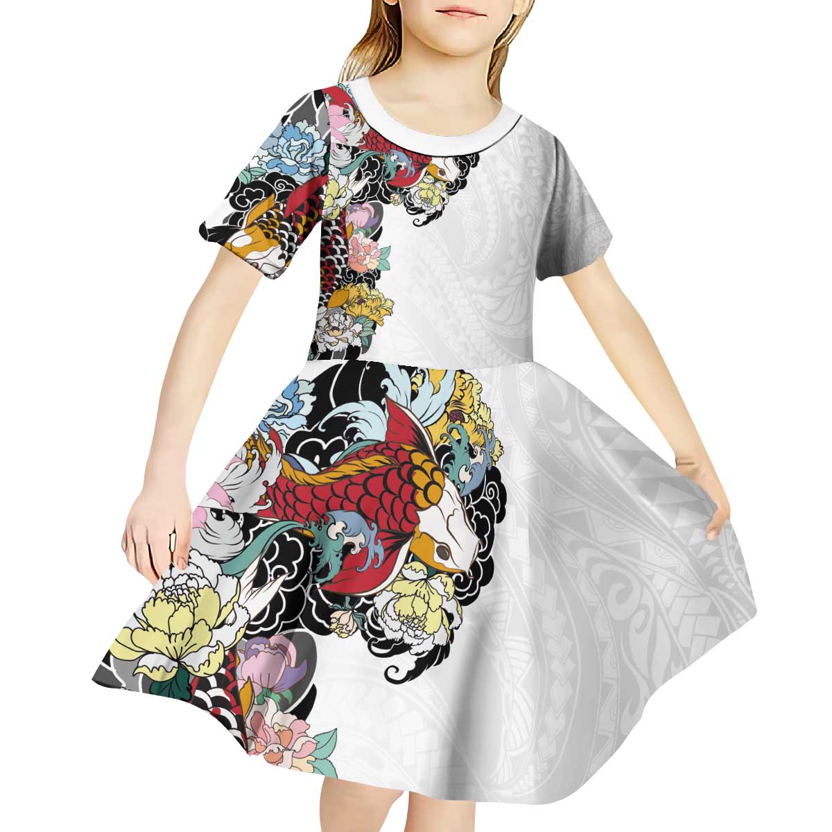 Hawaiian and Japanese Together Kid Short Sleeve Dress Colorful Traditional Japanese Tattoo and Kakau Pattern White Color