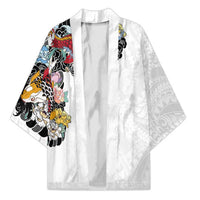 Hawaiian and Japanese Together Kimono Colorful Traditional Japanese Tattoo and Kakau Pattern White Color - Polynesian Pride