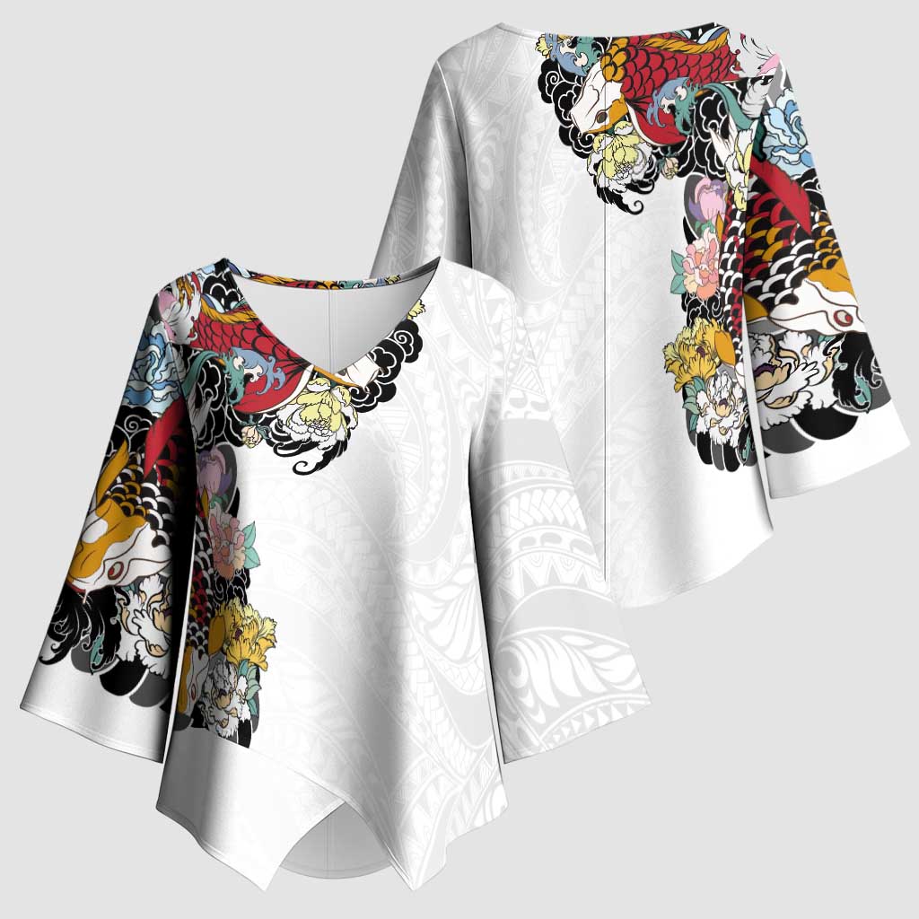 Hawaiian and Japanese Together Kimono Sleeve Blouse Colorful Traditional Japanese Tattoo and Kakau Pattern White Color - Polynesian Pride