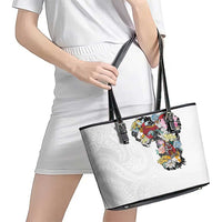 Hawaiian and Japanese Together Leather Tote Bag Colorful Traditional Japanese Tattoo and Kakau Pattern White Color
