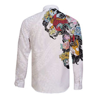 Hawaiian and Japanese Together Long Sleeve Button Shirt Colorful Traditional Japanese Tattoo and Kakau Pattern White Color