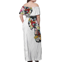Hawaiian and Japanese Together Off Shoulder Maxi Dress Colorful Traditional Japanese Tattoo and Kakau Pattern White Color
