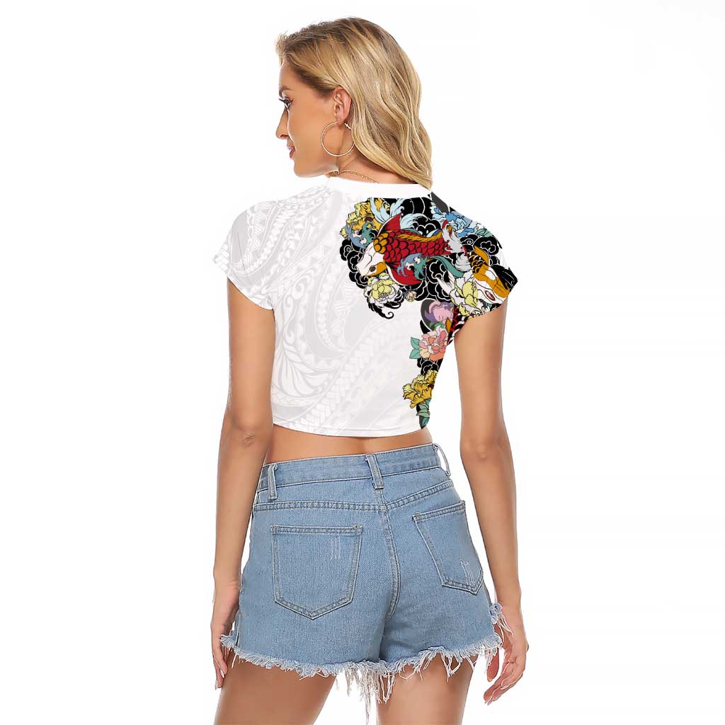 Hawaiian and Japanese Together Raglan Cropped T Shirt Colorful Traditional Japanese Tattoo and Kakau Pattern White Color