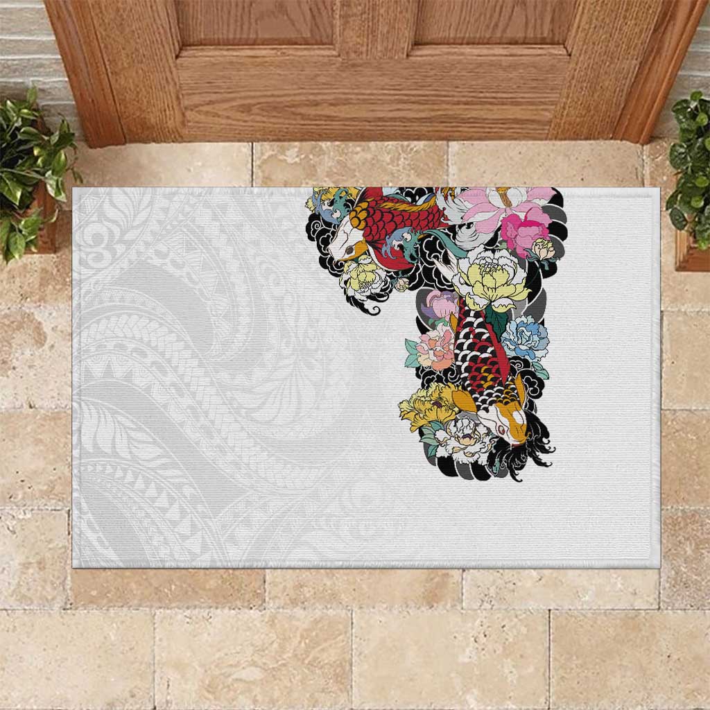 Hawaiian and Japanese Together Rubber Doormat Colorful Traditional Japanese Tattoo and Kakau Pattern White Color