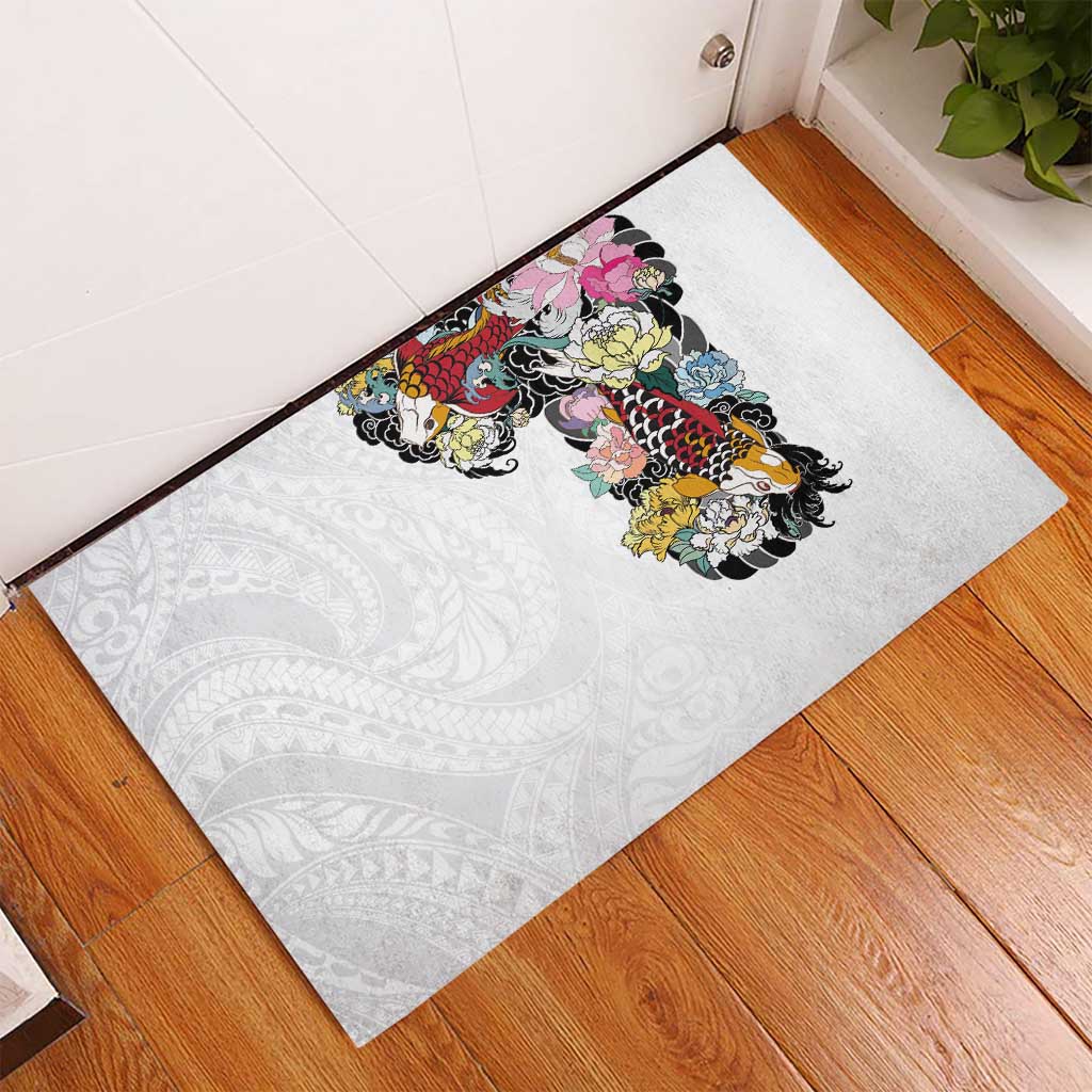Hawaiian and Japanese Together Rubber Doormat Colorful Traditional Japanese Tattoo and Kakau Pattern White Color