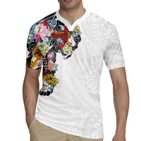 Hawaiian and Japanese Together Rugby Jersey Colorful Traditional Japanese Tattoo and Kakau Pattern White Color