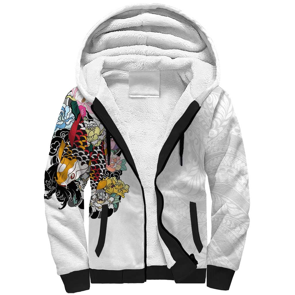 Hawaiian and Japanese Together Sherpa Hoodie Colorful Traditional Japanese Tattoo and Kakau Pattern White Color