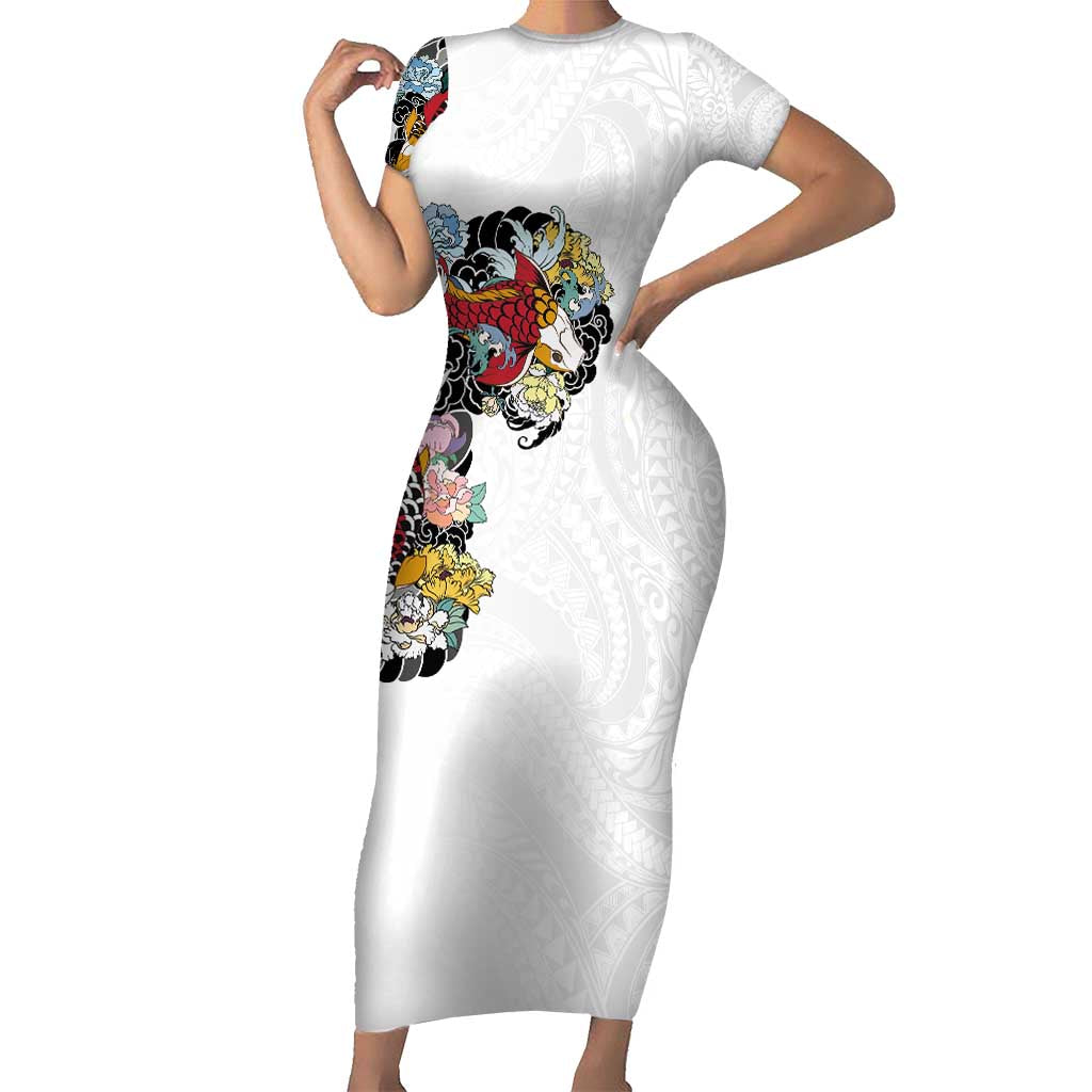 Hawaiian and Japanese Together Short Sleeve Bodycon Dress Colorful Traditional Japanese Tattoo and Kakau Pattern White Color