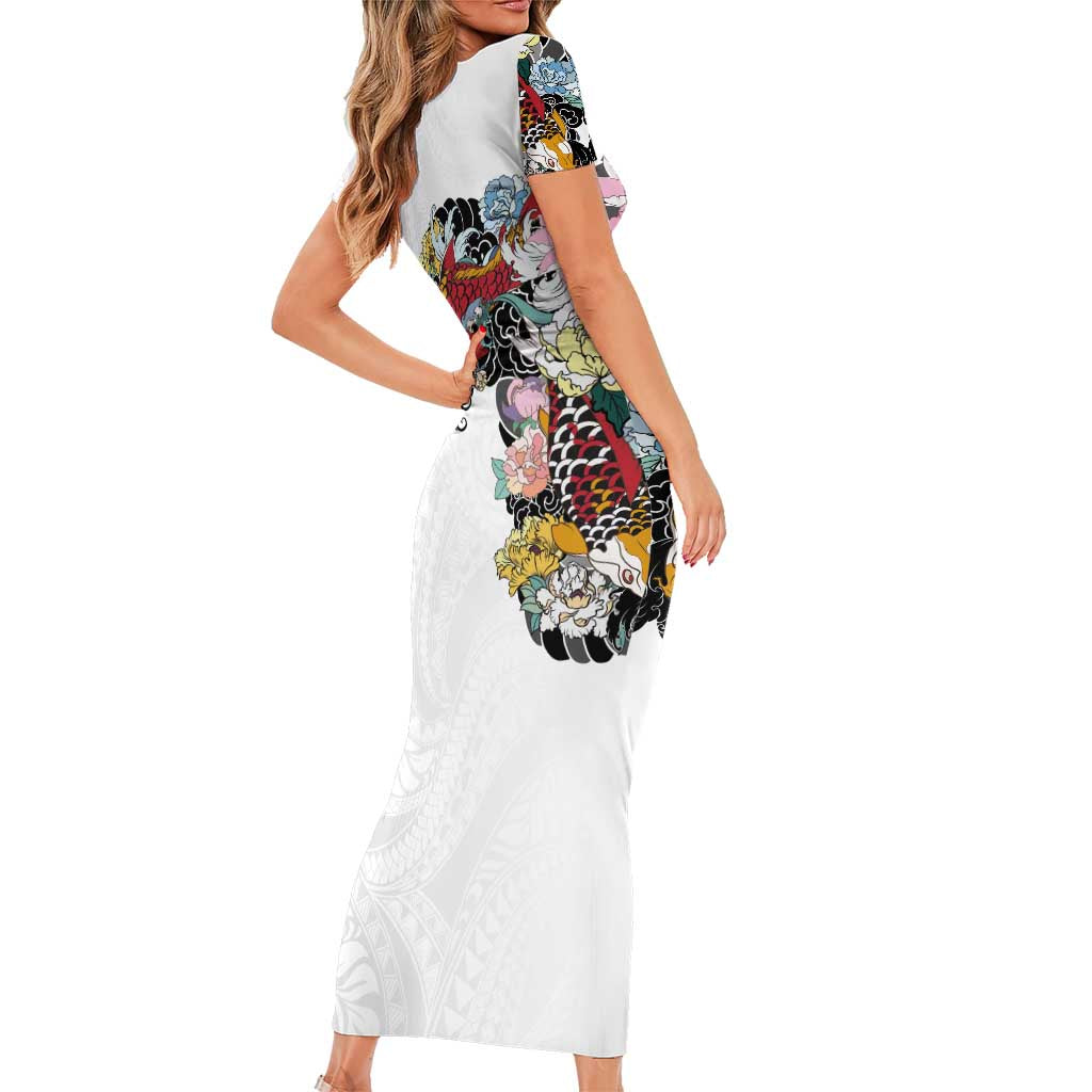Hawaiian and Japanese Together Short Sleeve Bodycon Dress Colorful Traditional Japanese Tattoo and Kakau Pattern White Color