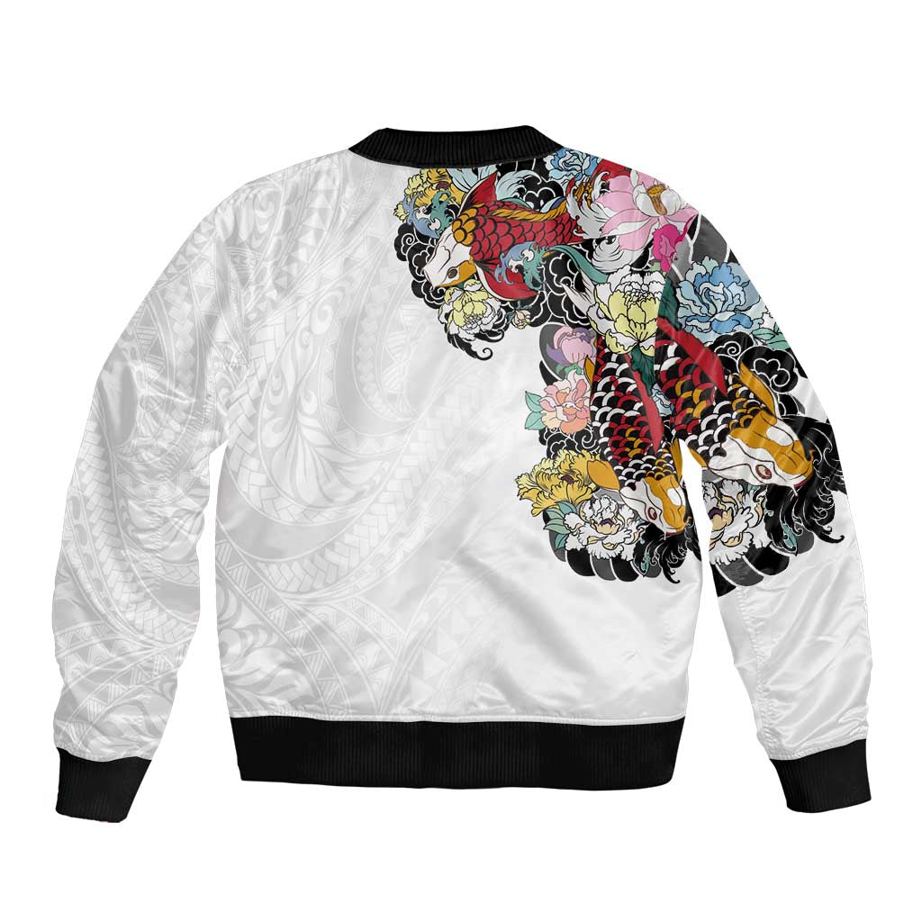 Hawaiian and Japanese Together Sleeve Zip Bomber Jacket Colorful Traditional Japanese Tattoo and Kakau Pattern White Color