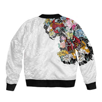 Hawaiian and Japanese Together Sleeve Zip Bomber Jacket Colorful Traditional Japanese Tattoo and Kakau Pattern White Color