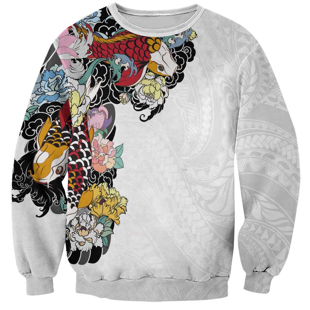 Hawaiian and Japanese Together Sweatshirt Colorful Traditional Japanese Tattoo and Kakau Pattern White Color