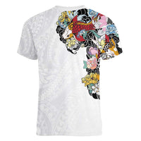 Hawaiian and Japanese Together Women V-Neck T-Shirt Colorful Traditional Japanese Tattoo and Kakau Pattern White Color
