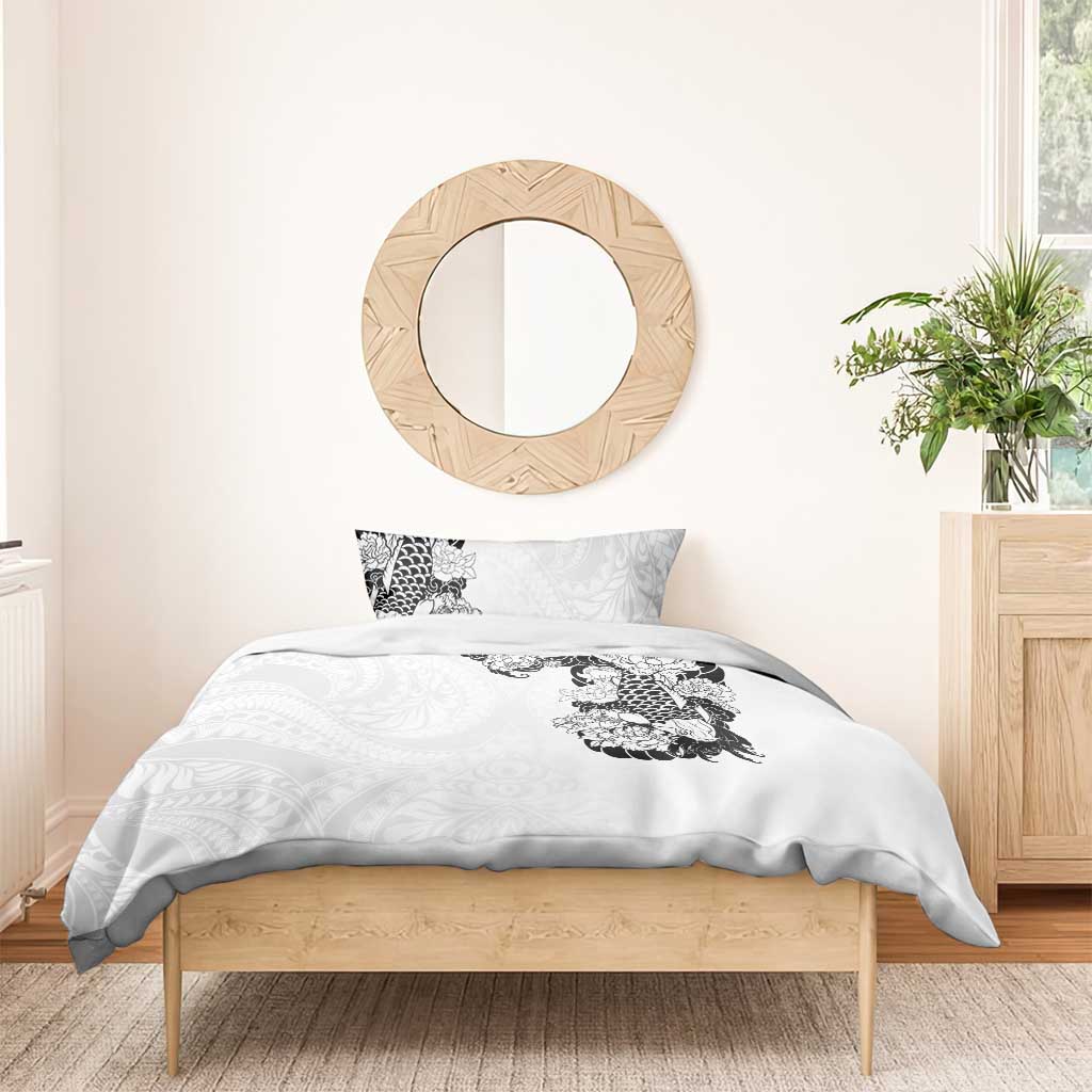 Hawaiian and Japanese Together Bedding Set Japanese Koi Fish Tattoo and Kakau Pattern White Color