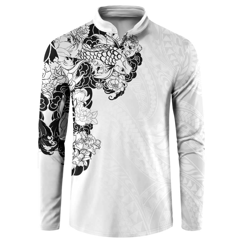 Hawaiian and Japanese Together Button Sweatshirt Japanese Koi Fish Tattoo and Kakau Pattern White Color