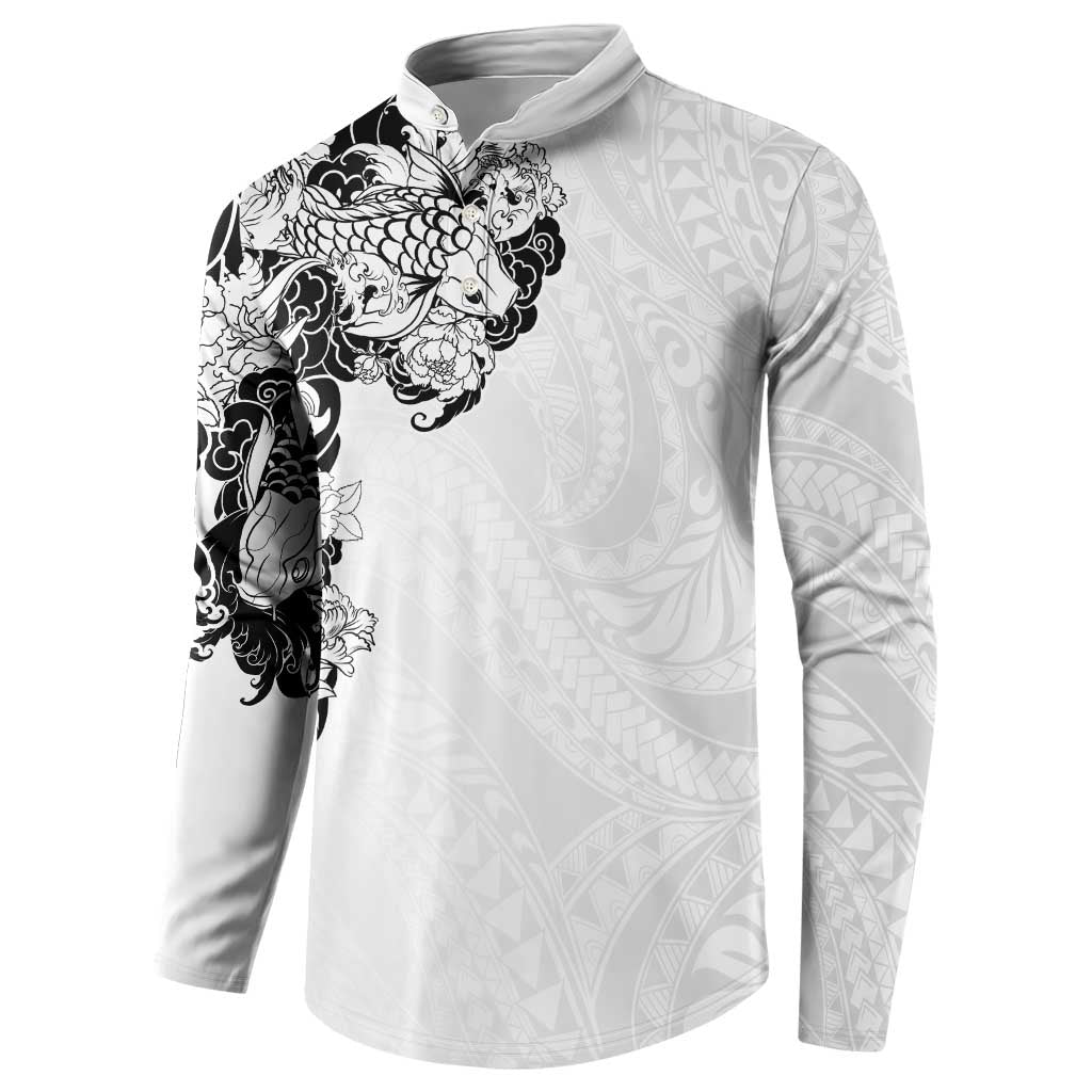 Hawaiian and Japanese Together Button Sweatshirt Japanese Koi Fish Tattoo and Kakau Pattern White Color