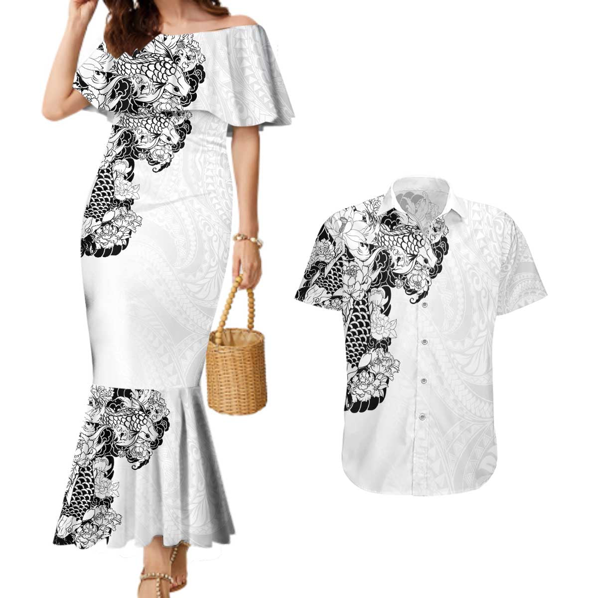 Hawaiian and Japanese Together Couples Matching Mermaid Dress and Hawaiian Shirt Japanese Koi Fish Tattoo and Kakau Pattern White Color