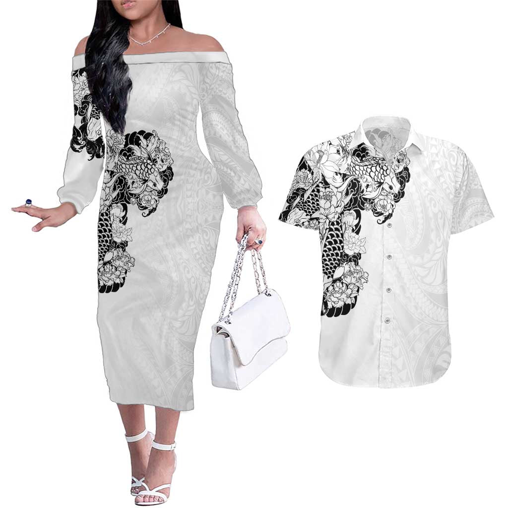 Hawaiian and Japanese Together Couples Matching Off The Shoulder Long Sleeve Dress and Hawaiian Shirt Japanese Koi Fish Tattoo and Kakau Pattern White Color