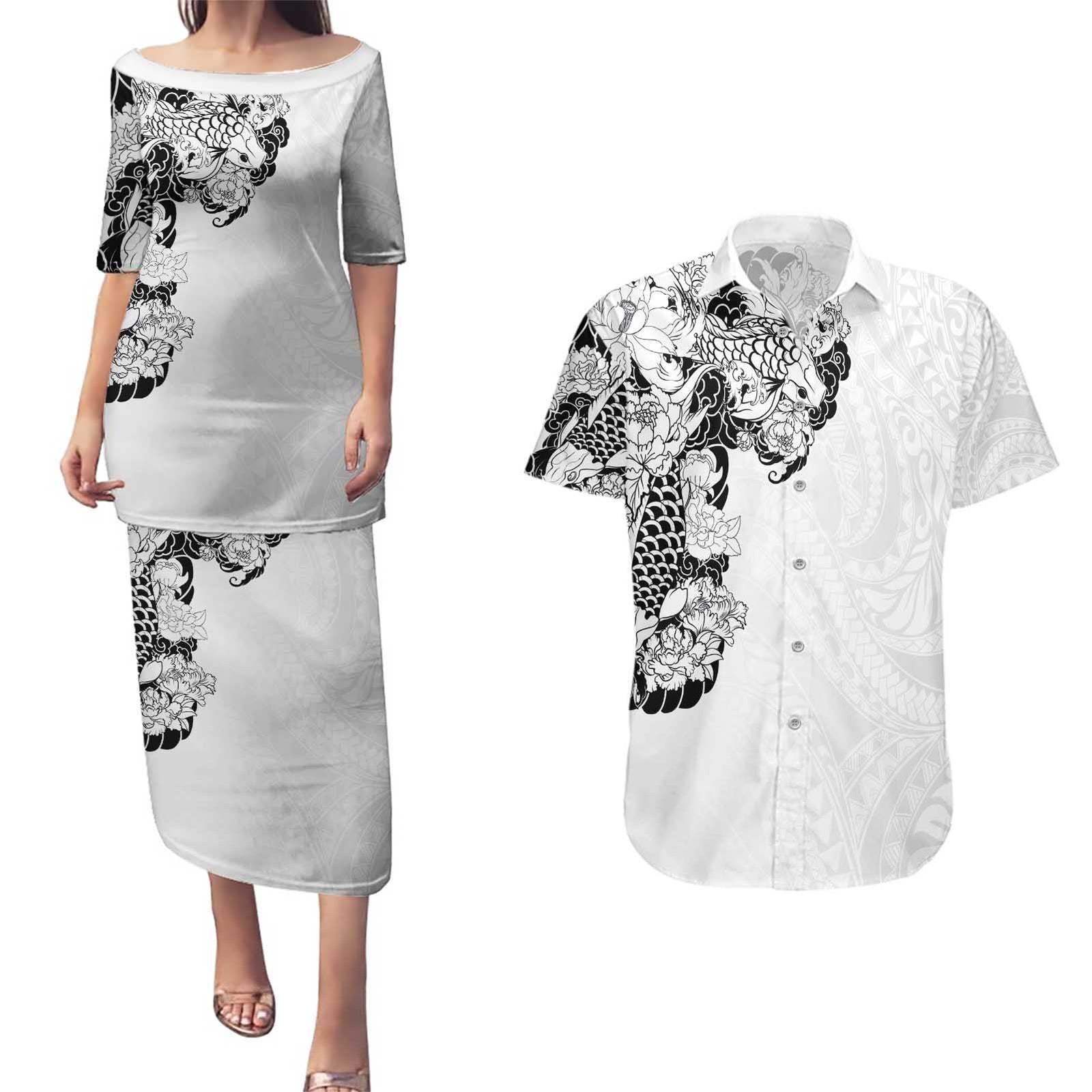 Hawaiian and Japanese Together Couples Matching Puletasi and Hawaiian Shirt Japanese Koi Fish Tattoo and Kakau Pattern White Color