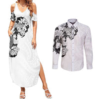 Hawaiian and Japanese Together Couples Matching Summer Maxi Dress and Long Sleeve Button Shirt Japanese Koi Fish Tattoo and Kakau Pattern White Color