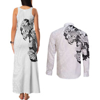 Hawaiian and Japanese Together Couples Matching Tank Maxi Dress and Long Sleeve Button Shirt Japanese Koi Fish Tattoo and Kakau Pattern White Color