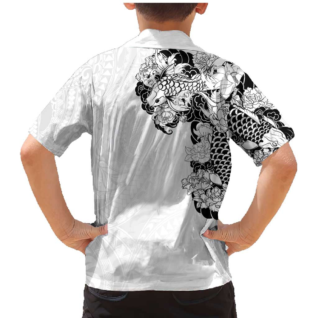 Hawaiian and Japanese Together Family Matching Mermaid Dress and Hawaiian Shirt Japanese Koi Fish Tattoo and Kakau Pattern White Color