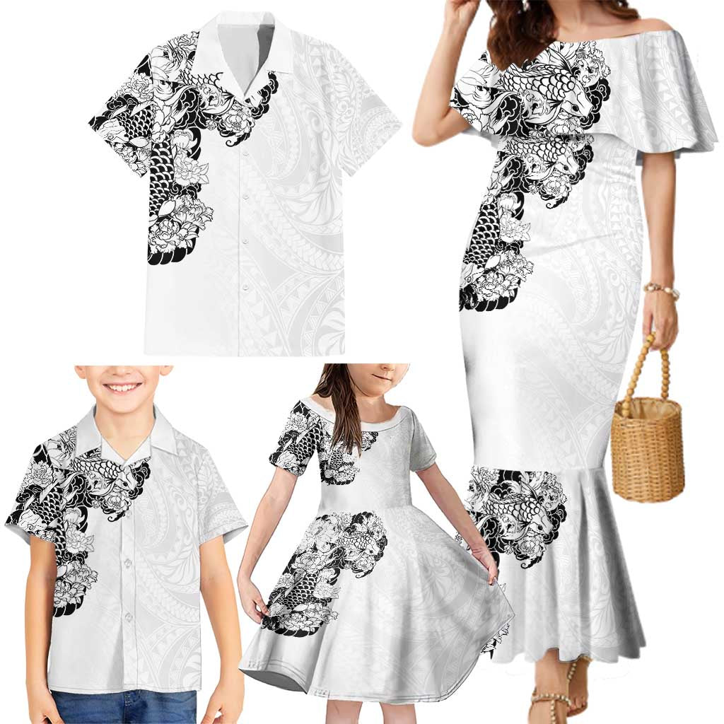 Hawaiian and Japanese Together Family Matching Mermaid Dress and Hawaiian Shirt Japanese Koi Fish Tattoo and Kakau Pattern White Color