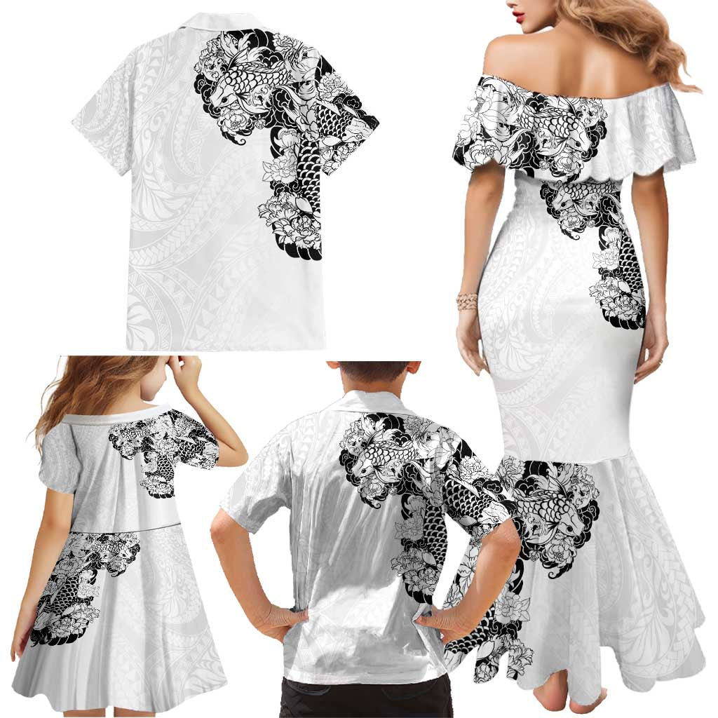 Hawaiian and Japanese Together Family Matching Mermaid Dress and Hawaiian Shirt Japanese Koi Fish Tattoo and Kakau Pattern White Color