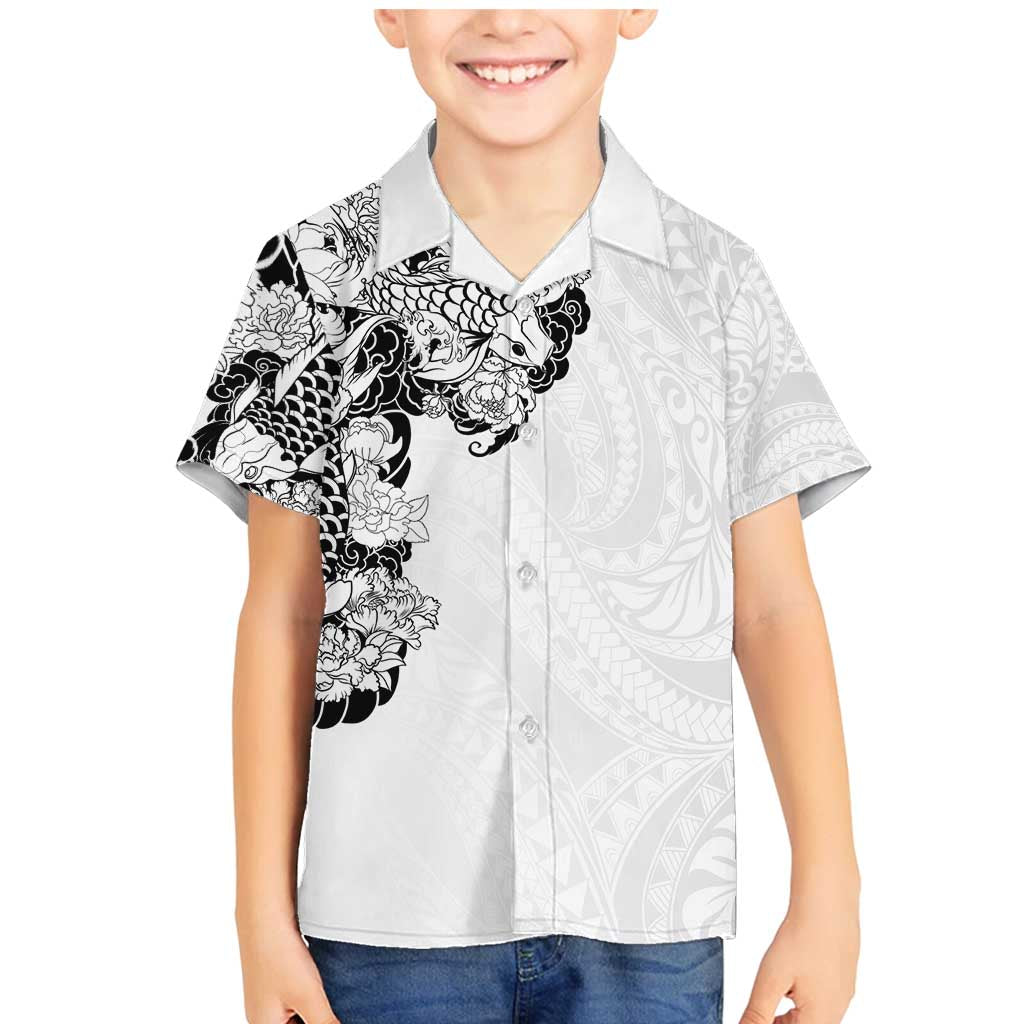 Hawaiian and Japanese Together Family Matching Mermaid Dress and Hawaiian Shirt Japanese Koi Fish Tattoo and Kakau Pattern White Color