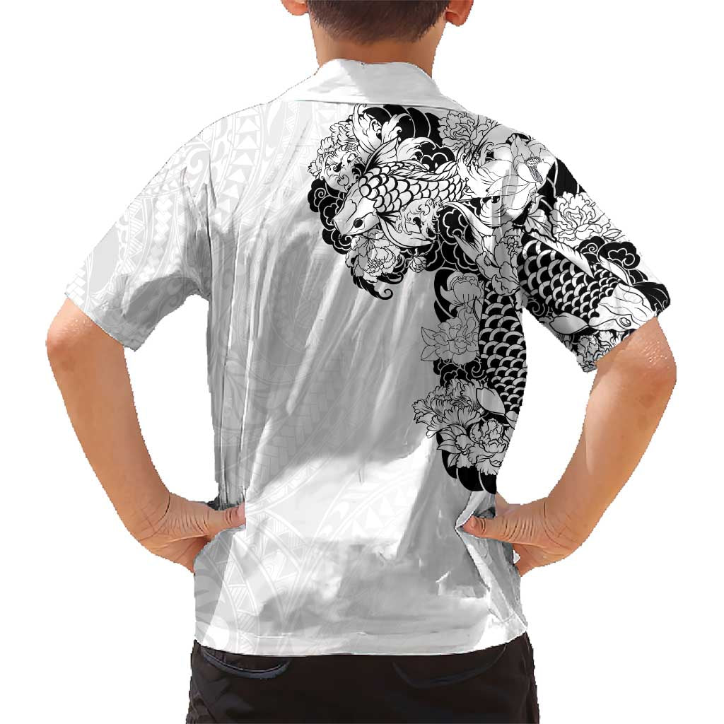 Hawaiian and Japanese Together Kid Hawaiian Shirt Japanese Koi Fish Tattoo and Kakau Pattern White Color