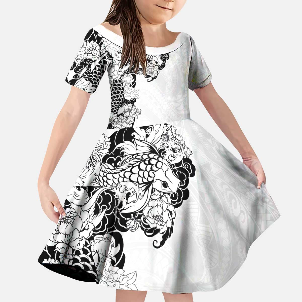 Hawaiian and Japanese Together Kid Short Sleeve Dress Japanese Koi Fish Tattoo and Kakau Pattern White Color
