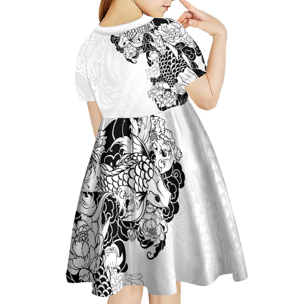 Hawaiian and Japanese Together Kid Short Sleeve Dress Japanese Koi Fish Tattoo and Kakau Pattern White Color