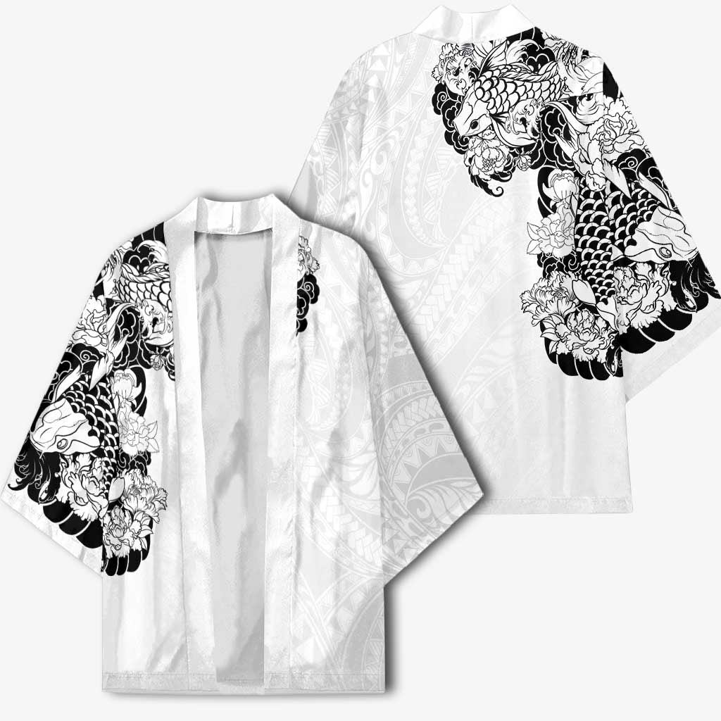Hawaiian and Japanese Together Kimono Japanese Koi Fish Tattoo and Kakau Pattern White Color - Polynesian Pride