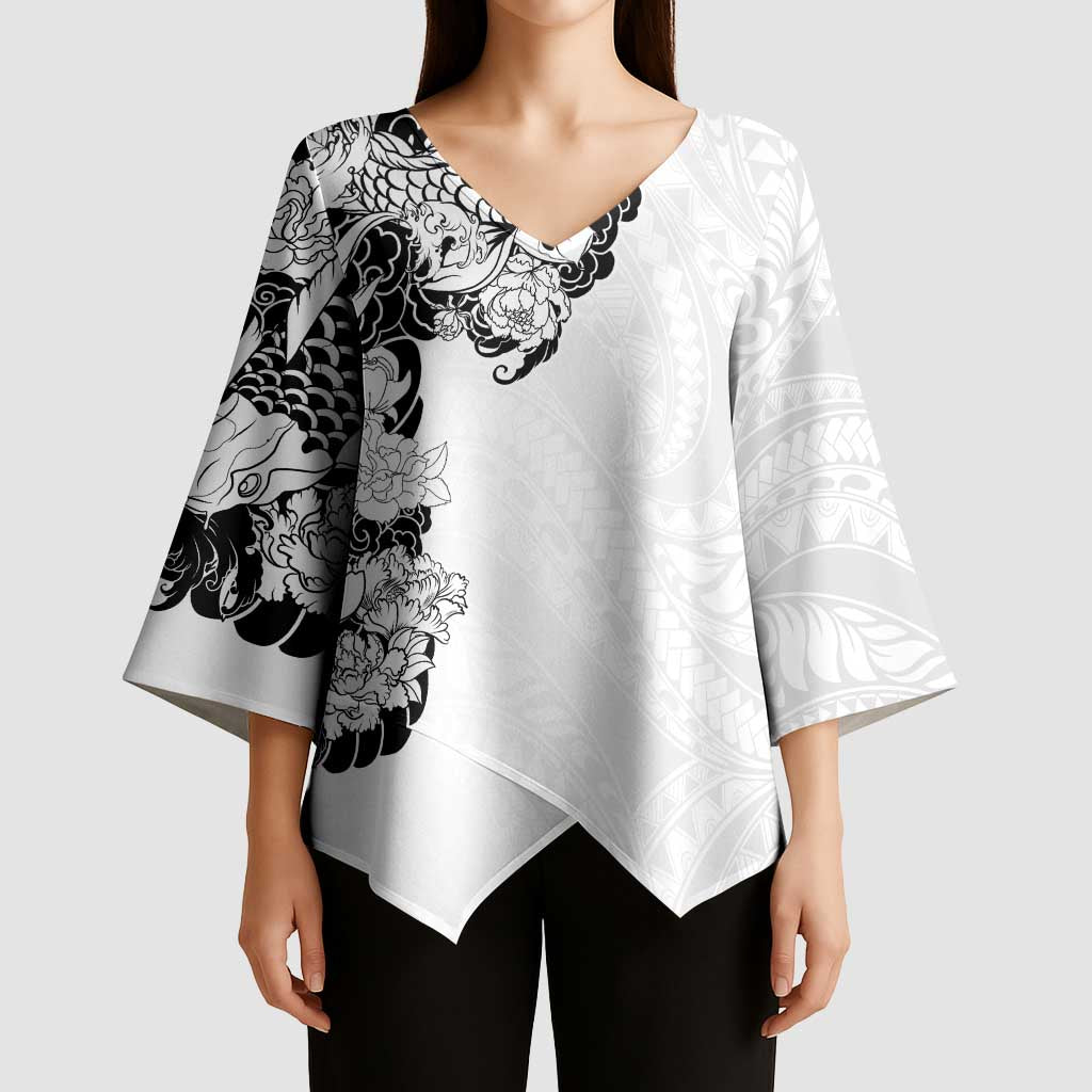 Hawaiian and Japanese Together Kimono Sleeve Blouse Japanese Koi Fish Tattoo and Kakau Pattern White Color - Polynesian Pride