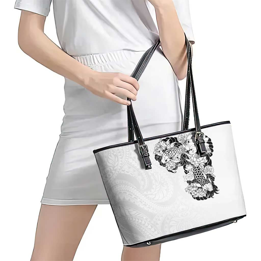 Hawaiian and Japanese Together Leather Tote Bag Japanese Koi Fish Tattoo and Kakau Pattern White Color