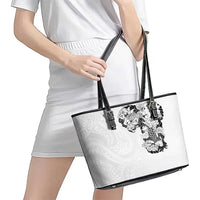 Hawaiian and Japanese Together Leather Tote Bag Japanese Koi Fish Tattoo and Kakau Pattern White Color