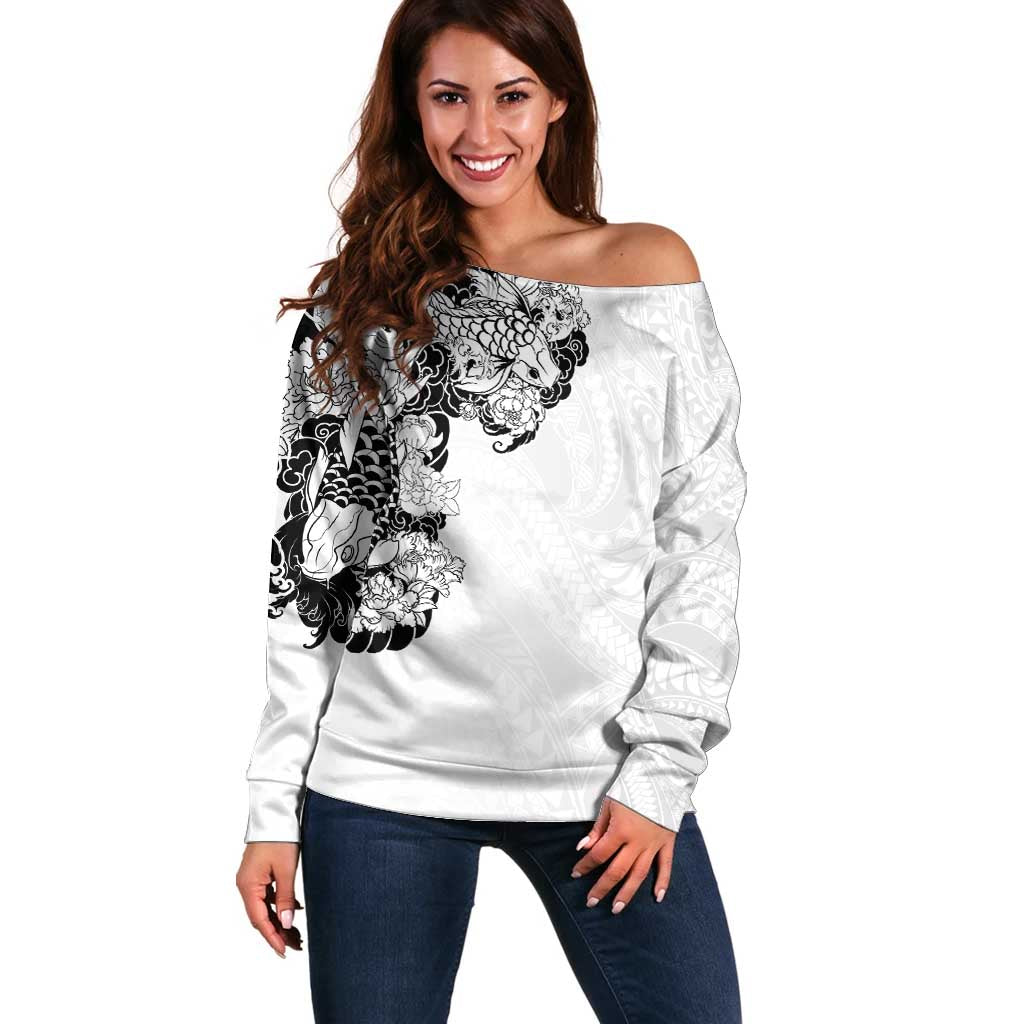 Hawaiian and Japanese Together Off Shoulder Sweater Japanese Koi Fish Tattoo and Kakau Pattern White Color