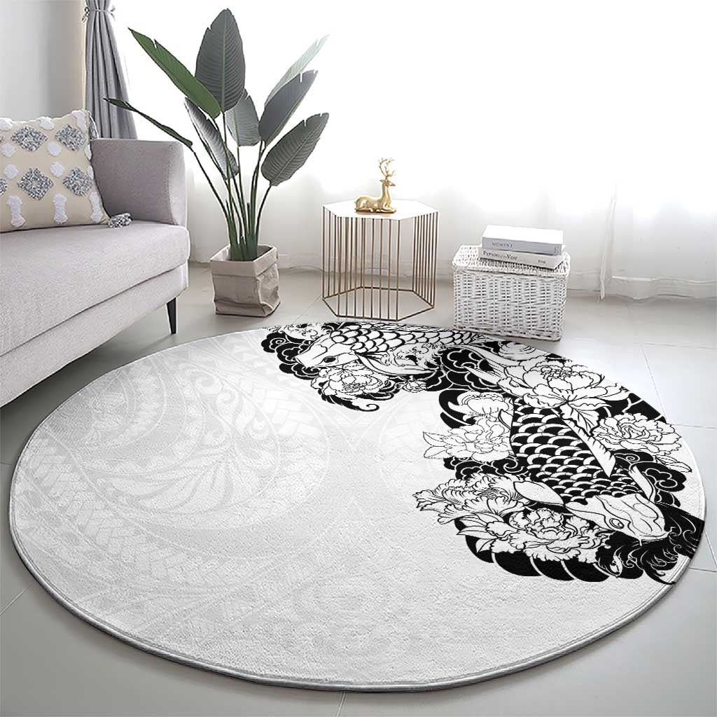 Hawaiian and Japanese Together Round Carpet Japanese Koi Fish Tattoo and Kakau Pattern White Color