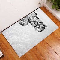 Hawaiian and Japanese Together Rubber Doormat Japanese Koi Fish Tattoo and Kakau Pattern White Color