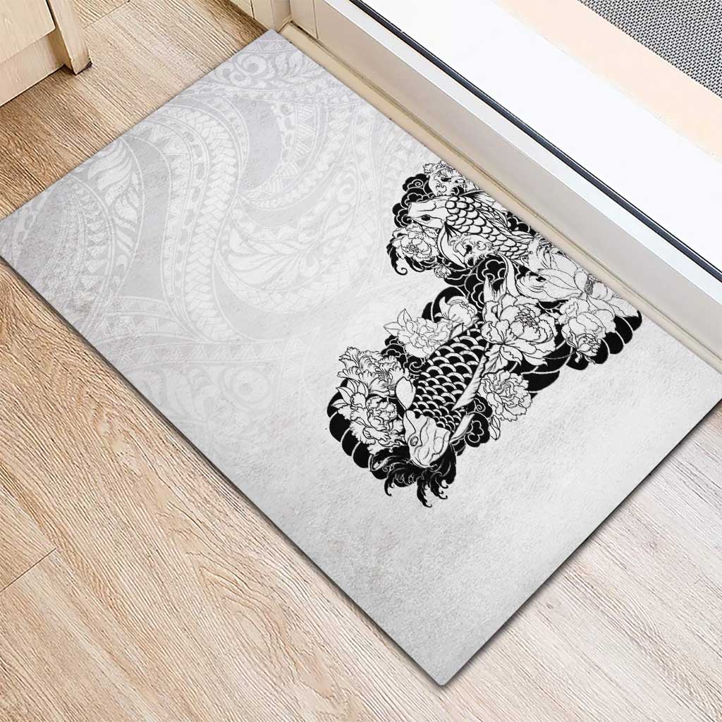 Hawaiian and Japanese Together Rubber Doormat Japanese Koi Fish Tattoo and Kakau Pattern White Color
