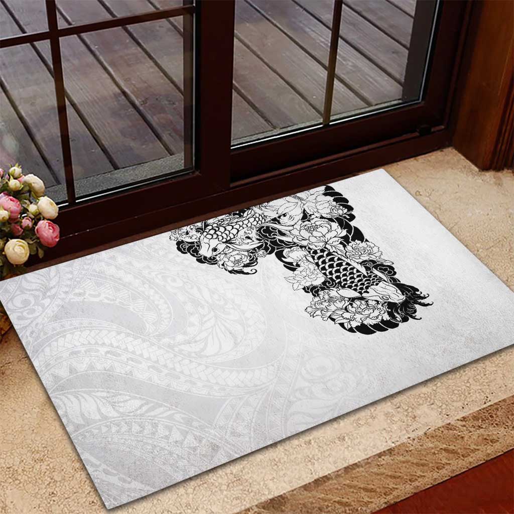 Hawaiian and Japanese Together Rubber Doormat Japanese Koi Fish Tattoo and Kakau Pattern White Color