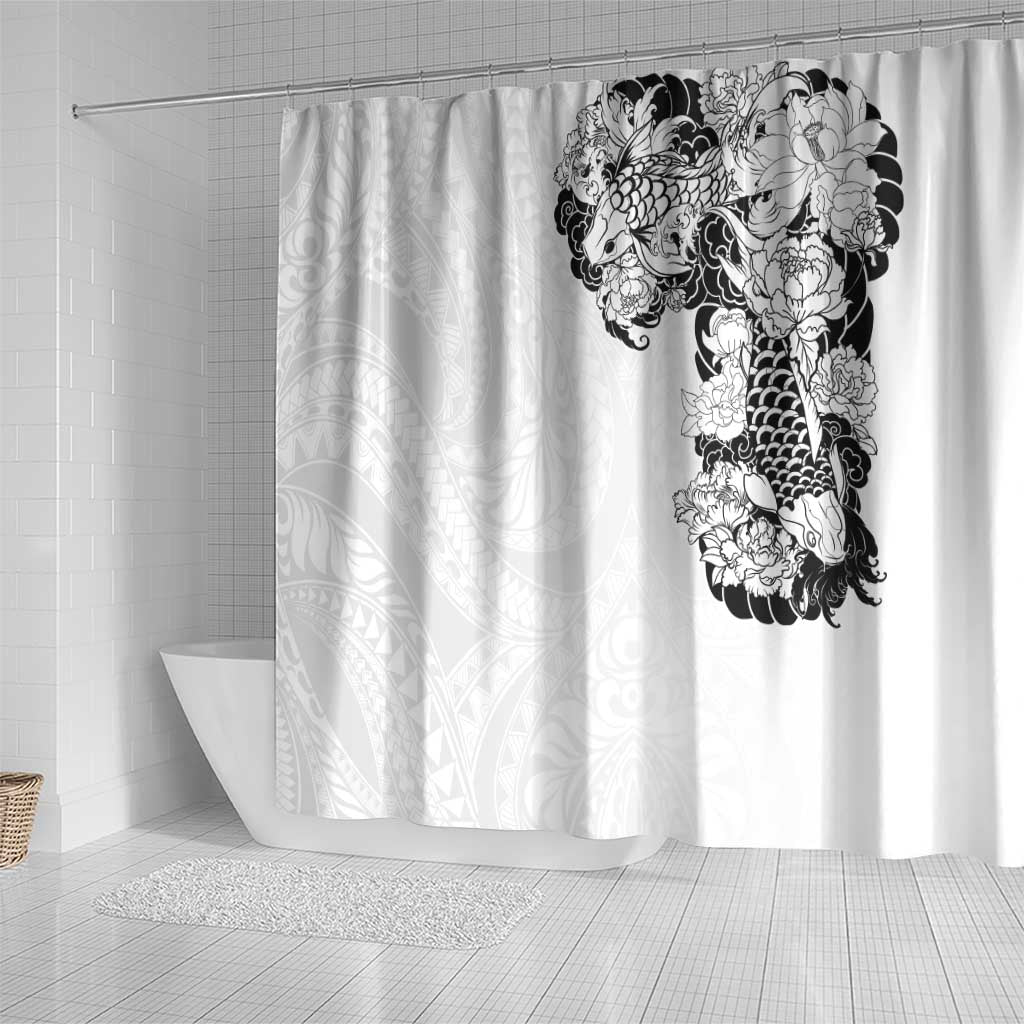 Hawaiian and Japanese Together Shower Curtain Japanese Koi Fish Tattoo and Kakau Pattern White Color