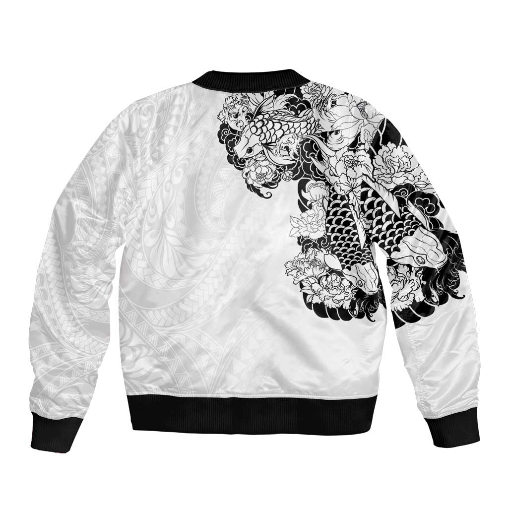 Hawaiian and Japanese Together Sleeve Zip Bomber Jacket Japanese Koi Fish Tattoo and Kakau Pattern White Color