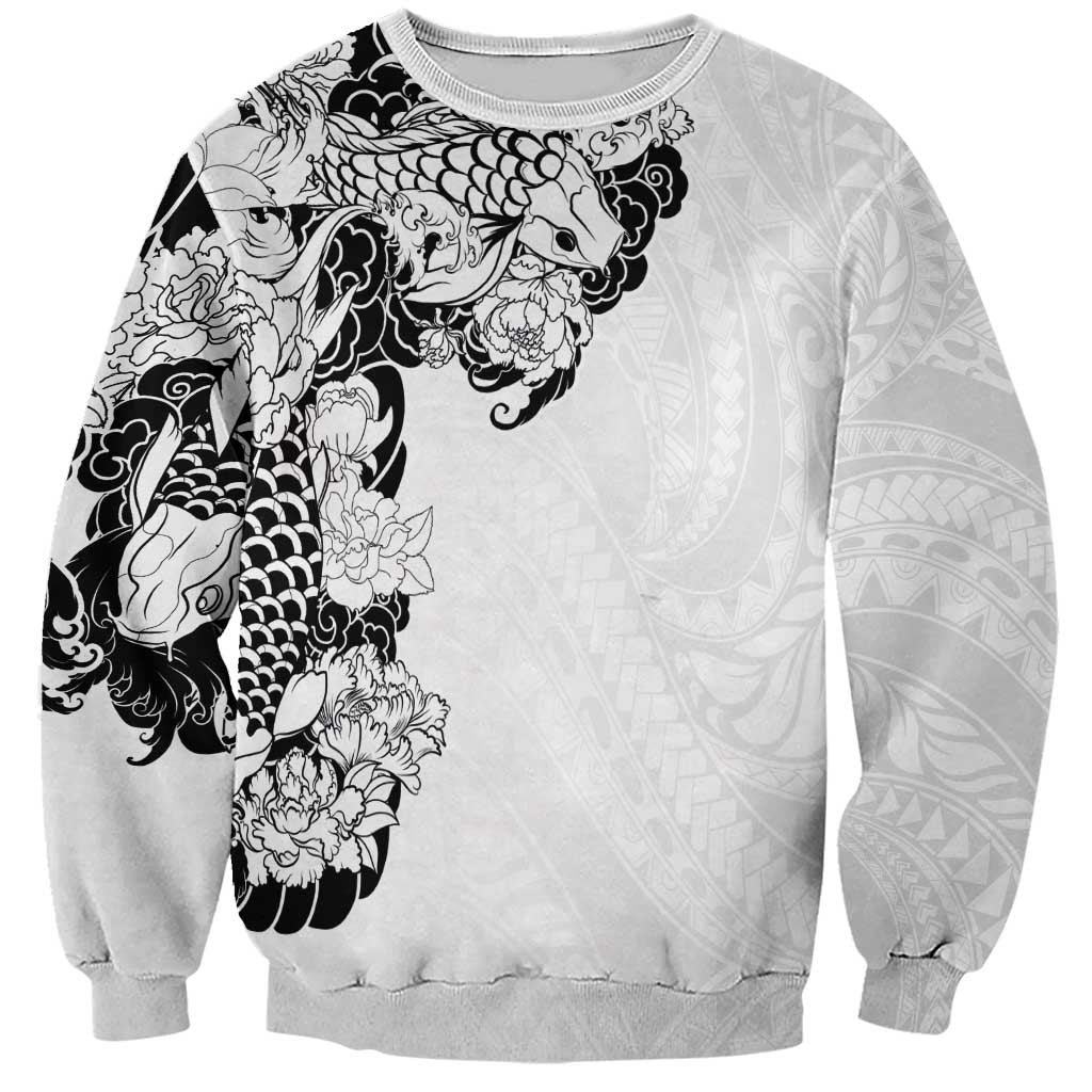 Hawaiian and Japanese Together Sweatshirt Japanese Koi Fish Tattoo and Kakau Pattern White Color