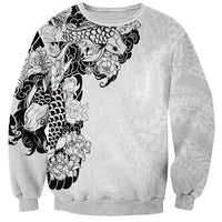 Hawaiian and Japanese Together Sweatshirt Japanese Koi Fish Tattoo and Kakau Pattern White Color