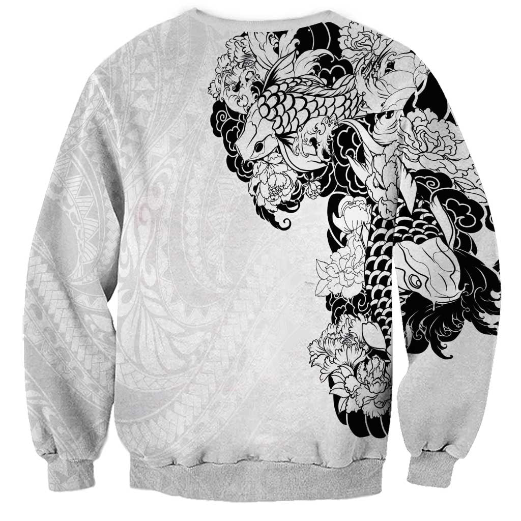 Hawaiian and Japanese Together Sweatshirt Japanese Koi Fish Tattoo and Kakau Pattern White Color