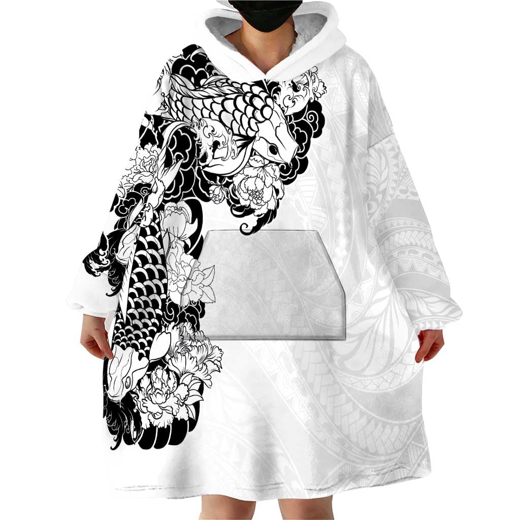 Hawaiian and Japanese Together Wearable Blanket Hoodie Japanese Koi Fish Tattoo and Kakau Pattern White Color