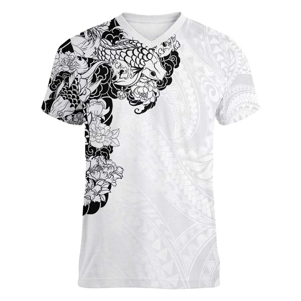 Hawaiian and Japanese Together Women V-Neck T-Shirt Japanese Koi Fish Tattoo and Kakau Pattern White Color