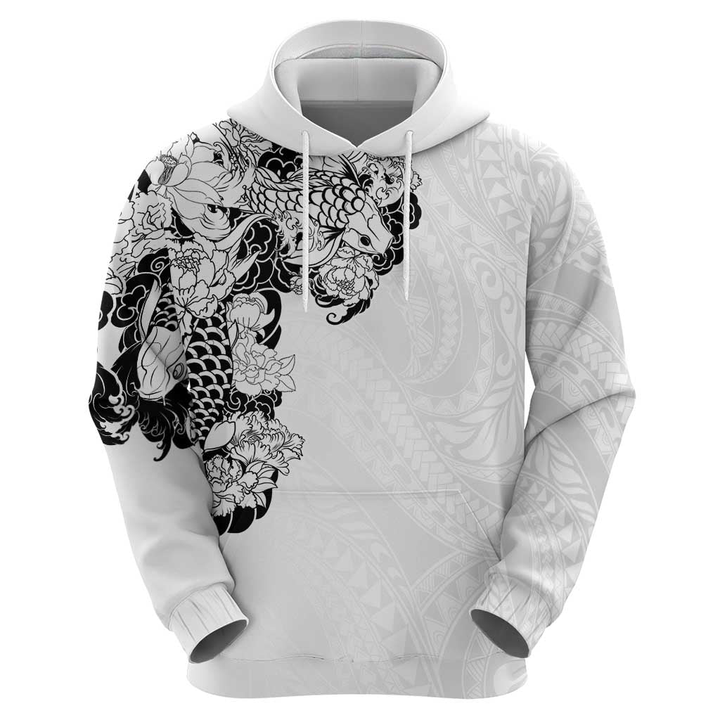 Hawaiian and Japanese Together Zip Hoodie Japanese Koi Fish Tattoo and Kakau Pattern White Color